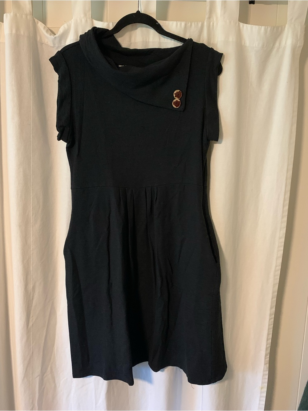 Classic Black Midi Dress with Asymmetric Cowl and Button Accents